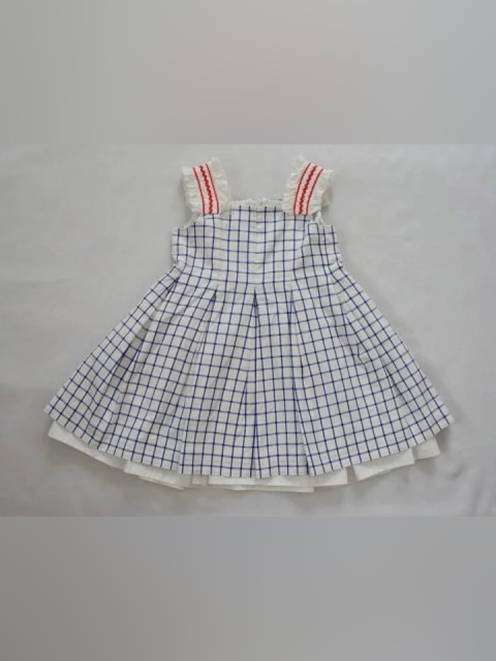 Girls Italian Made White Dress with Navy Check and Red-Trim Ruffle Lace Straps